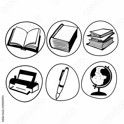 Illustration of books, printer, pen and globe isolated on white background for education concept