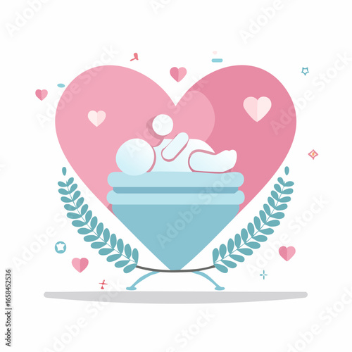 Illustration of a baby in a blue bassinet surrounded by pink hearts, and green leaves
