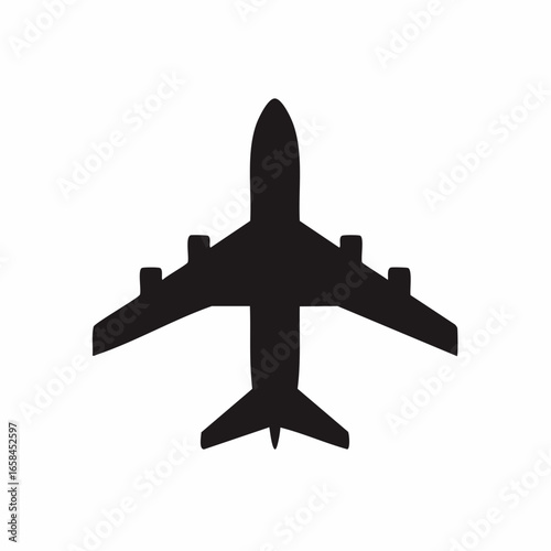 Black airplane silhouette vector icon representing global air travel and aviation journey