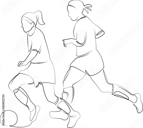 One continuous line drawing on white isolated background. Minimalism linear illustration. child, sport, girl, soccer, football, running, playing, ball, fun, field