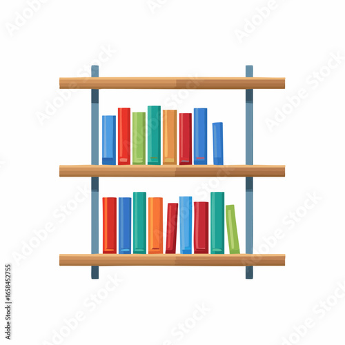 Colorful Books on Wooden Shelves Cartoon Style  Arranged Neatly Education Concept Home Library Illustration