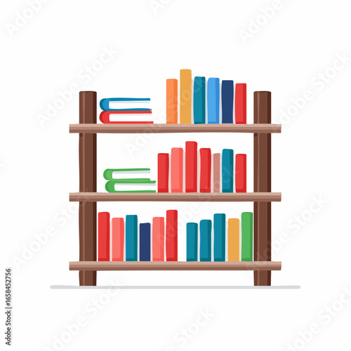 Bookshelf Illustration with Colorful Books, Indoor Shelving Unit, Wooden Style