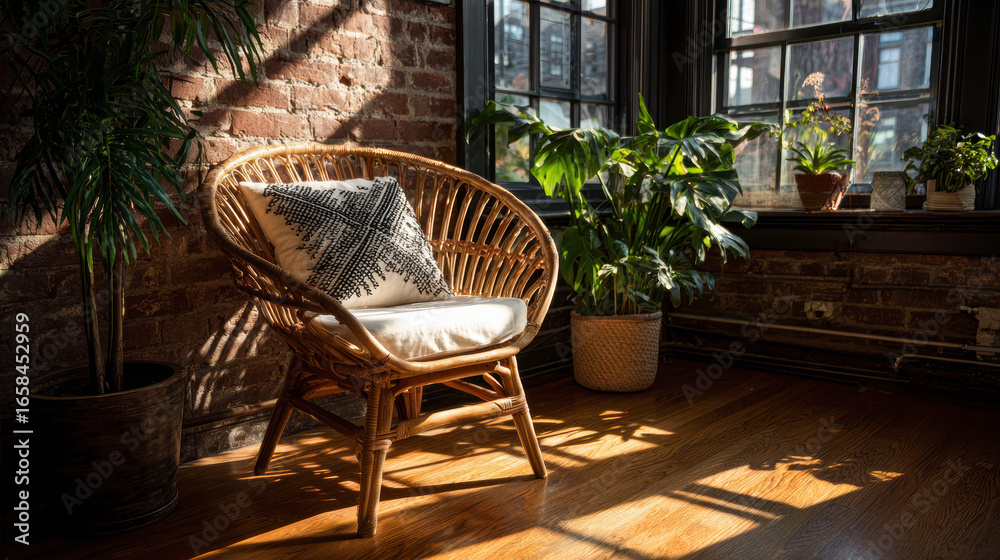 Obraz premium Cozy interior with a rattan chair, cushions, and lush green plants by a sunlit window with exposed brick walls.