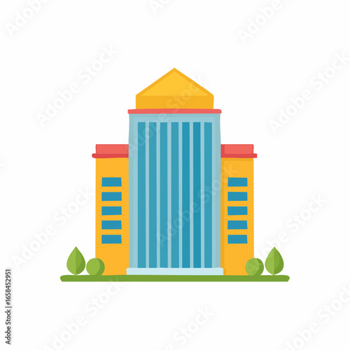 Stylized graphic of a modern office building with blue glass facade and yellow side wings