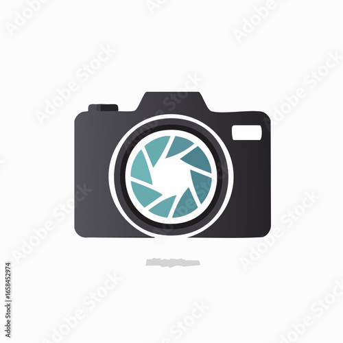 Illustrative image of a stylized black camera with a modern design and lens.