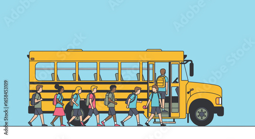 Children Boarding School Bus for Transportation, Educational Vehicle for Kids, Safe and Reliable School Transportation, Children Walking in Line to School Bus, School Travel and Safety Concept