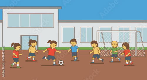 Children Playing Soccer on Playground During Daytime in Schoolyard, Kids Engaging in Friendly Sports Activity, Childhood Recreation and Outdoor Sports for Active Lifestyle