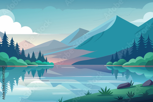 Serene lakeside landscape vector illustration depicting mountains water reflections and forested shoreline