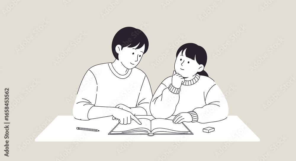 Fototapeta premium Illustration of a Caring Adult Tutor and Child Engaged in Educational Activity at a Desk, Promoting Learning, Knowledge Sharing, and Educational Support for Children and Students