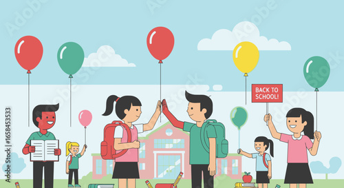 Happy Children Going Back to School in Bright Daylight with Balloons and Smiling Faces, Young Students in Casual Clothes Entering School Campus for Learning and Education, Youth Enjoying Learning