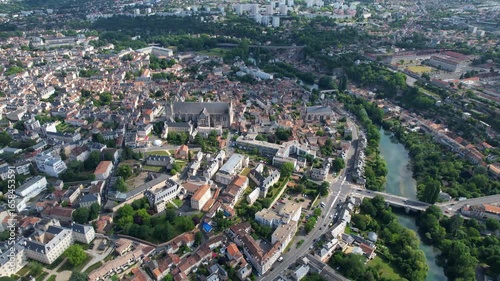Aerial panorama view around the old town in the city  Poitiers in France, on a sunny summer noon