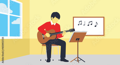 Young Male Musician Playing Acoustic Guitar at Home in a Bright Room with Music Stand and Window, Expressing Creativity and Passion for Musical Arts for Educational, Artistic, and Entertainment