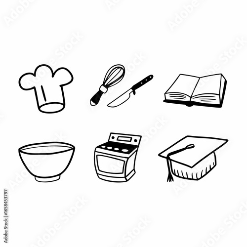 Illustration of cooking and education icons in a set isolated on white background