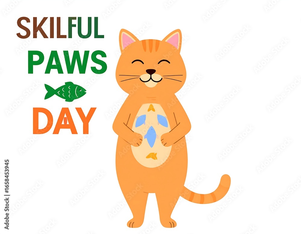 Fototapeta premium Cute orange tabby cat holding fish-shaped objects, celebrating a 