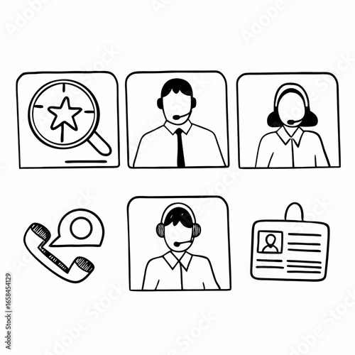 Hand drawn icons of customer service representatives and communication devices isolated on white background