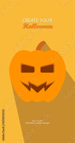 Halloween Poster with pumpkin in flat style on yellow background