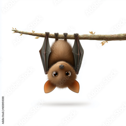 Bat Branch: A cute little bat hangs upside down from a branch, featuring adorable big eyes.