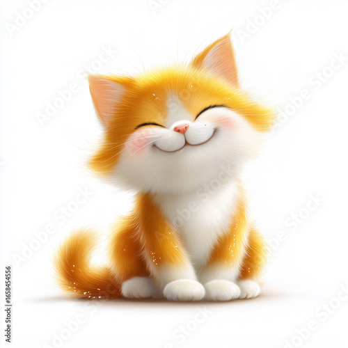 Joyful Kitten's Smile: This adorable, cartoon-style illustration of a happy kitten, bathed in soft, inviting colors, radiates warmth and pure joy, making it the perfect symbol of happiness.