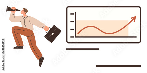 Man with megaphone and briefcase announces success near a chart showing upward trend. Ideal for business forecast, leadership, motivation, strategy, communication, success, ambition. Simple flat
