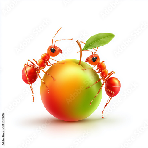 Ants and Apple: A whimsical scene showcases two diligent ants collaborating to move a vibrant, ripe apple, emphasizing teamwork and the beauty of nature.