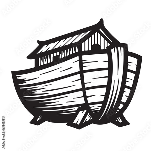 Simple black and white illustration of noah's ark representing religious scripture