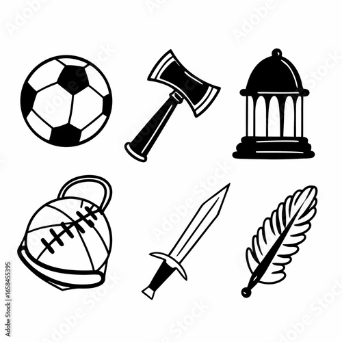Collection of sport and medieval icons isolated on white background featuring soccer ball, axe, lantern, and more