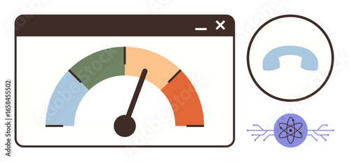 Colorful meter measuring performance in a window, circular phone sign, atomic symbol. Ideal for technology, AI, analytics, communication, performance innovation efficiency. Simple flat metaphor