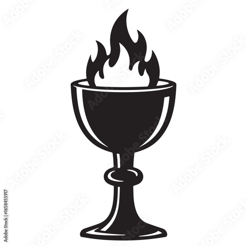 Stylized black and white chalice with flames represents a burning spirit or religious symbol