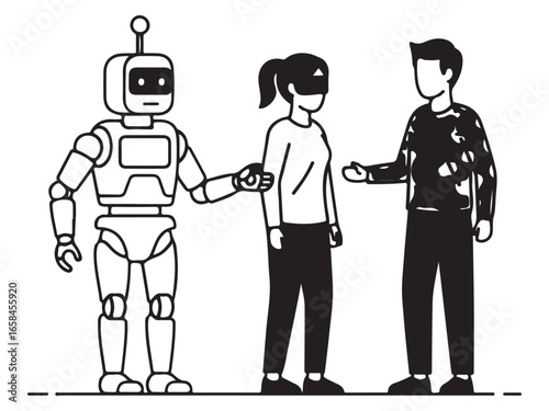 Robot introduces VR user to man illustration in black and white