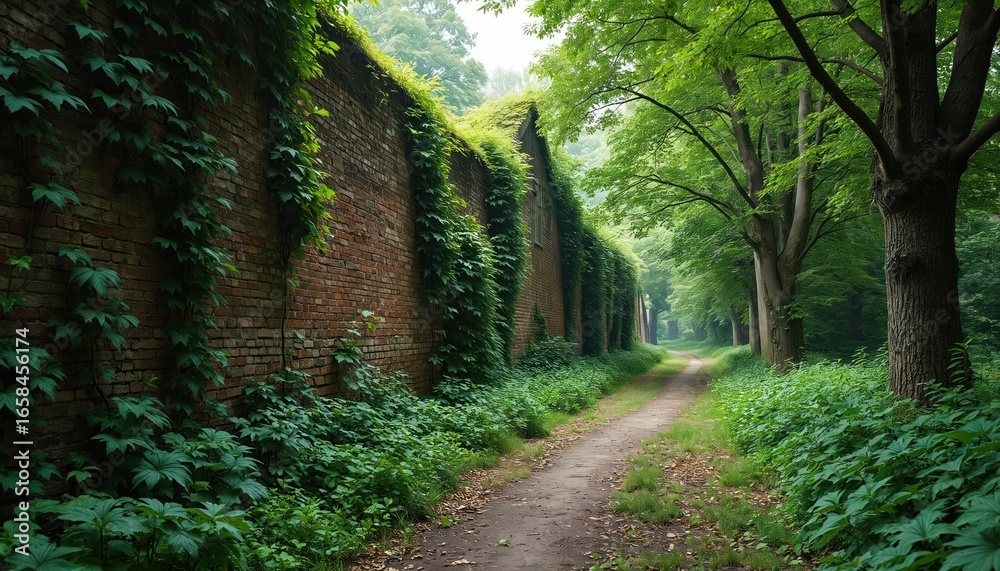 Fototapeta premium Overgrown brick wall with rich green vines, shrubs, bordering dirt path through dense forest. Untamed vegetation covers weathered bricks, creating wild, natural texture, deep, verdant atmosphere.