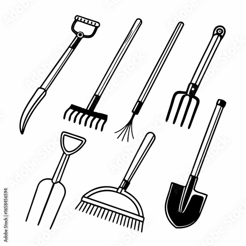 Set of gardening tools, including rake, shovel, pitchfork, hoe, cultivator isolated on white background