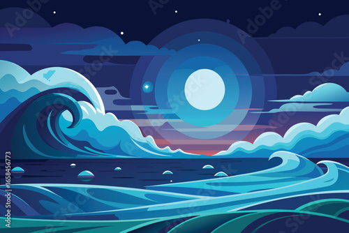 Serene night ocean scene capturing waves rolling under a starry sky with a full moon and clouds.
