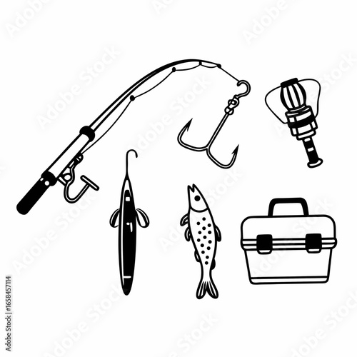 Fishing equipment set isolated on white background, including rod, hook, fish, and tackle box for outdoor recreation