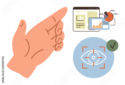 Hand gesture alongside data charts and an eye recognition icon with a checkmark. Ideal for technology, communication, interaction, biometrics, analytics, observation, verification. Simple flat
