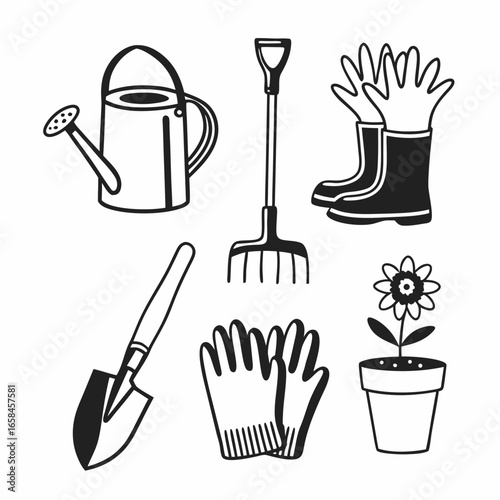 Illustration of gardening tools and plants isolated on white background, great for gardening designs