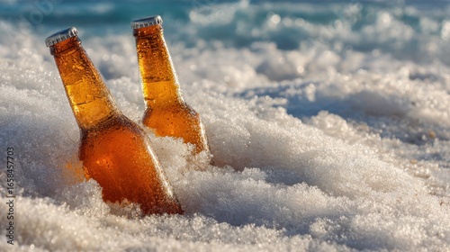 Iced beer bottles on a snowy beach