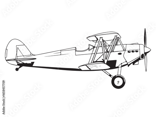 Black and white line drawing of a vintage biplane airplane vector illustration