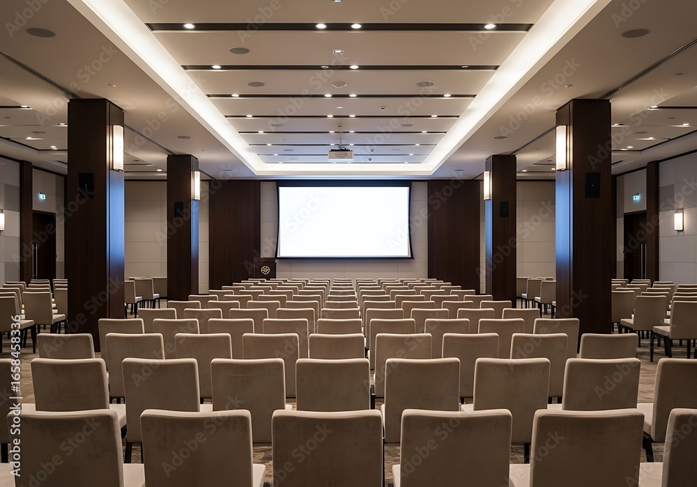 Fototapeta premium Modern conference room with projector screen and rows of seating for presentations