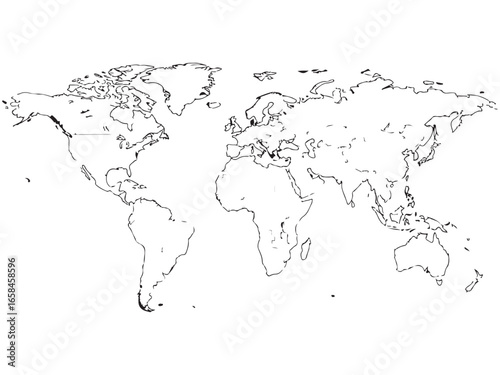 Outline world map in black and white illustration