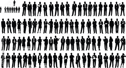 Large group of business silhouettes, professional people standing, formal attire, corporate posture, office fashion, diverse workforce, black isolated figures