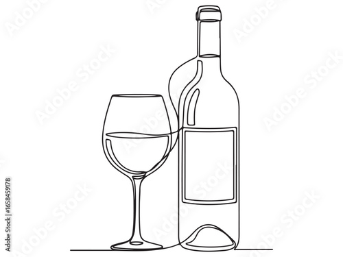 Wine bottle and wine glass one line drawing, vector illustration