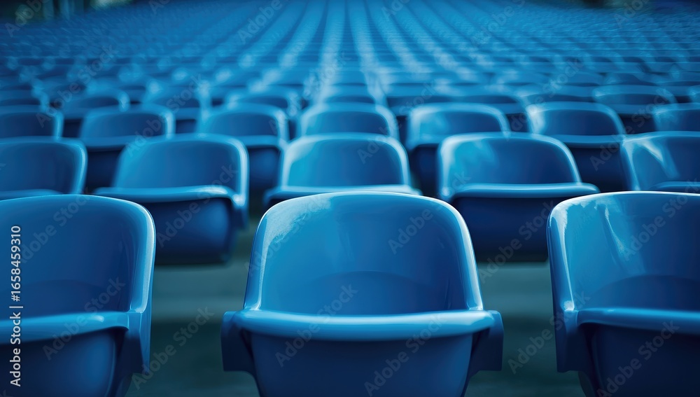 Fototapeta premium Blue plastic chairs in the stands of an outdoor stadium, frontal view, empty seats, photograph for advertising or media company, stock photography,
