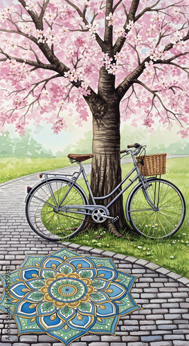 Wallpaper Mural A charming, springtime scene depicts a bicycle nestled beneath a blossoming cherry tree, with a vibrant mandala design on a cobblestone path. Torontodigital.ca