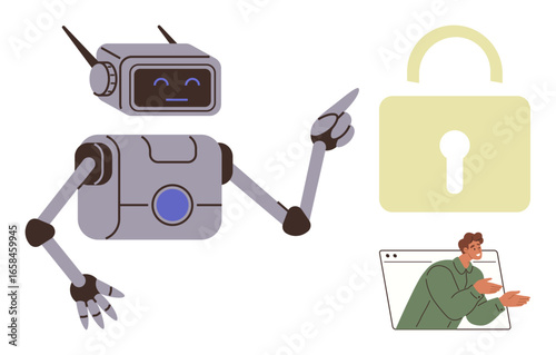 Robot with antenna highlighting cyber safety, padlock symbolizing data protection, browser window with user discussing online security. Ideal for technology, AI, privacy, safety, education