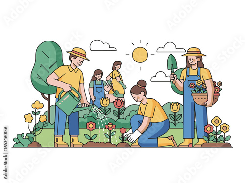 Family gardening illustration with colorful flowers, trees, sun, and happy people working together.