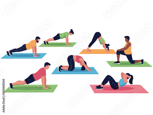 Group of people doing exercise for wellness and fitness, illustration