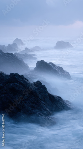 Misty sea stacks at dawn create eerie atmosphere