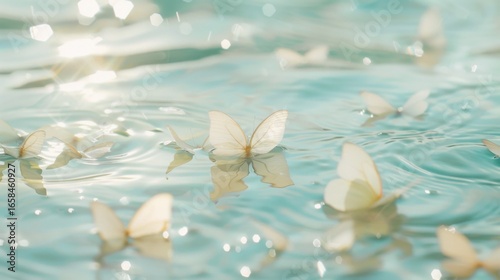 Delicate Butterflies Hovering Over Softly Lit Water with Floral Elements