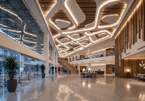 Modern shopping mall interior with dynamic lighting and reflective surfaces