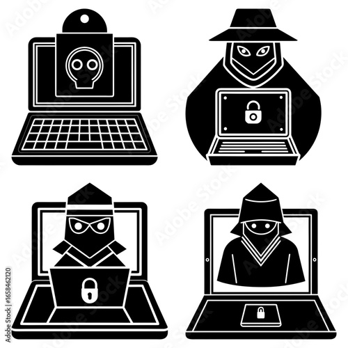 Four black and white icons depicting hackers and computer security threats on laptop screens shown